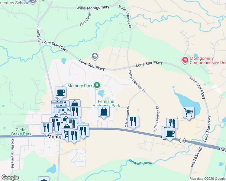 map of restaurants, bars, coffee shops, grocery stores, and more near 183 Racetrack Lane in Montgomery