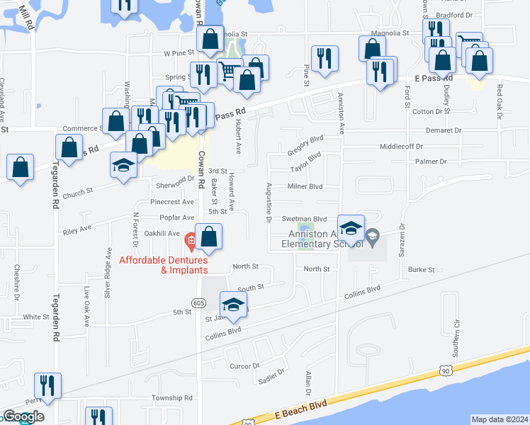map of restaurants, bars, coffee shops, grocery stores, and more near 802 Augustine Drive in Gulfport