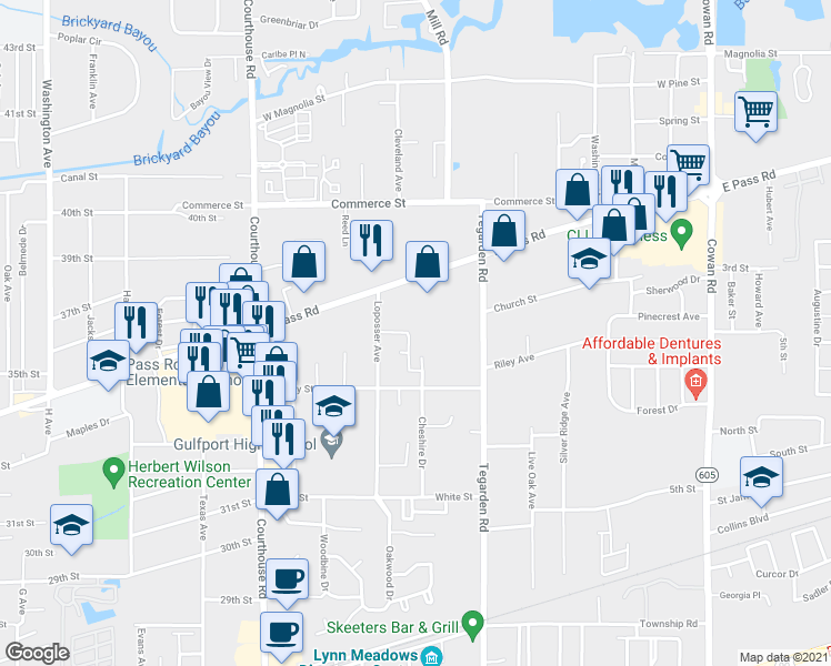 map of restaurants, bars, coffee shops, grocery stores, and more near 692 Layton Drive in Gulfport