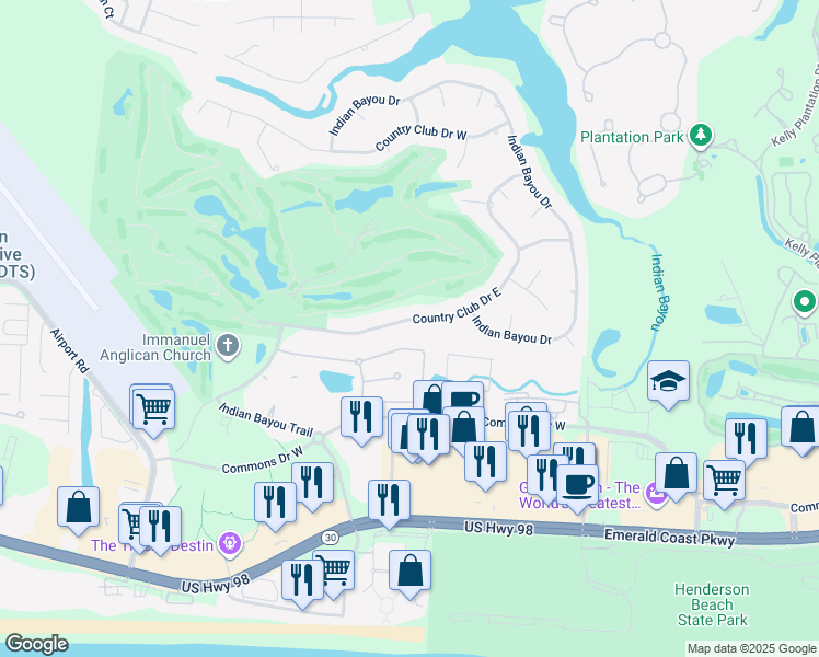 map of restaurants, bars, coffee shops, grocery stores, and more near 28 Country Club Drive East in Destin