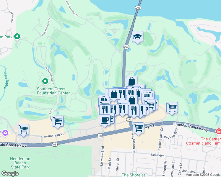 map of restaurants, bars, coffee shops, grocery stores, and more near 4470 Stonebridge Road in Destin