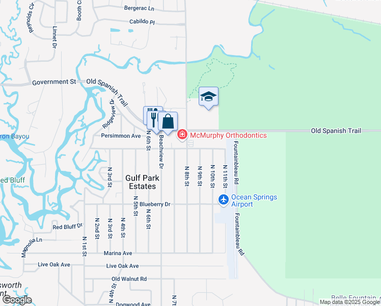 map of restaurants, bars, coffee shops, grocery stores, and more near 3608 North 8th Street in Ocean Springs