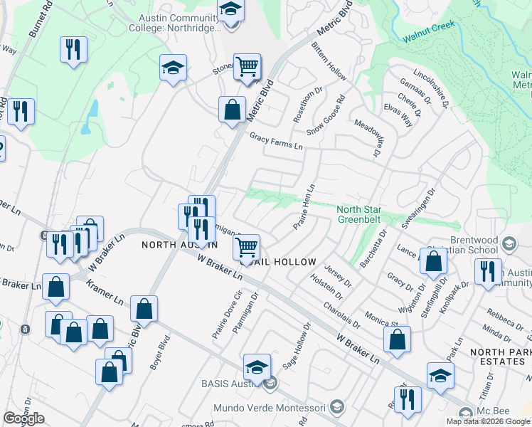 map of restaurants, bars, coffee shops, grocery stores, and more near 11624 Pearwood Place in Austin