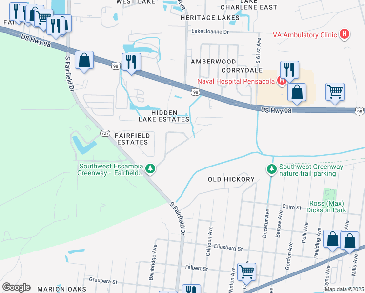 map of restaurants, bars, coffee shops, grocery stores, and more near 7151 Baysprings Drive in Pensacola