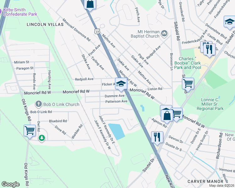 map of restaurants, bars, coffee shops, grocery stores, and more near 5505 Moncrief Road West in Jacksonville