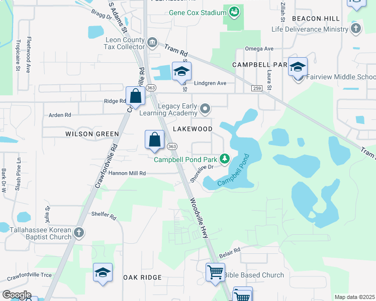 map of restaurants, bars, coffee shops, grocery stores, and more near 3608 South Lakewood Drive in Tallahassee
