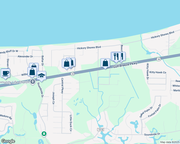 map of restaurants, bars, coffee shops, grocery stores, and more near 4410-4534 Gulf Breeze Pkwy in Gulf Breeze