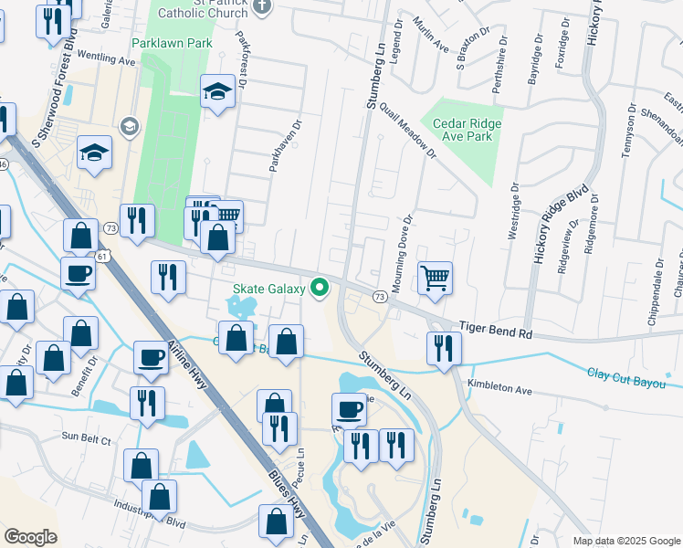 map of restaurants, bars, coffee shops, grocery stores, and more near 6212 Stumberg Lane in Baton Rouge