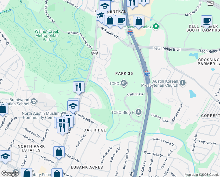 map of restaurants, bars, coffee shops, grocery stores, and more near 12118 Walnut Park Crossing in Austin