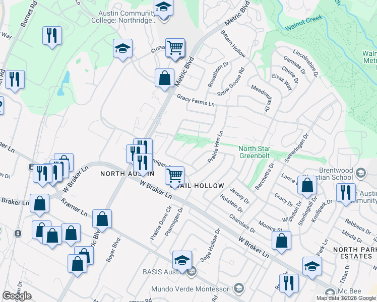 map of restaurants, bars, coffee shops, grocery stores, and more near 11624 Pearwood Place in Austin