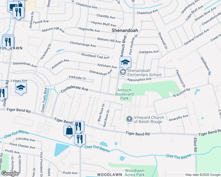 map of restaurants, bars, coffee shops, grocery stores, and more near 6178 Chattanooga Drive in Baton Rouge