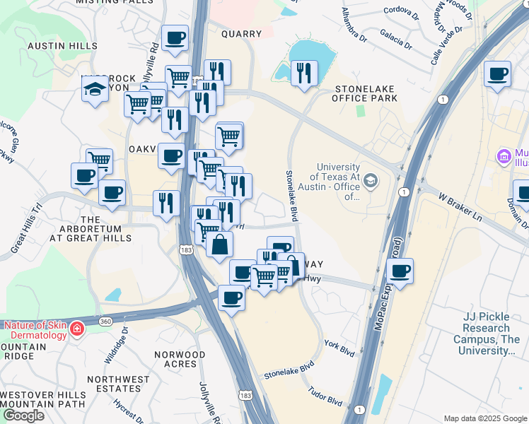 map of restaurants, bars, coffee shops, grocery stores, and more near 10050 Great Hills Trail in Austin