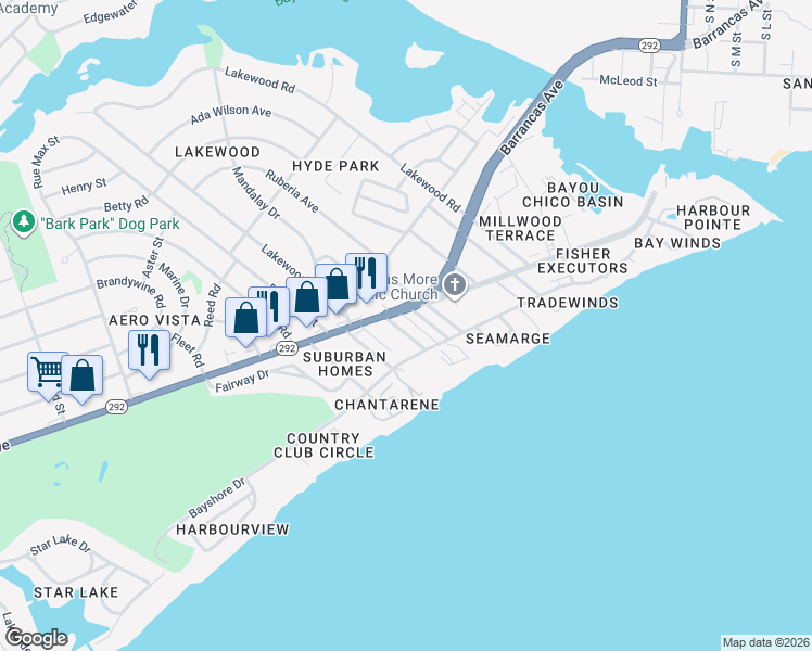 map of restaurants, bars, coffee shops, grocery stores, and more near 3384 Barrancas Avenue in Pensacola