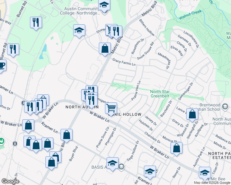 map of restaurants, bars, coffee shops, grocery stores, and more near 11614 Fruitwood Place in Austin