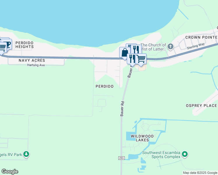 map of restaurants, bars, coffee shops, grocery stores, and more near 1093 Joaquin Road in Pensacola