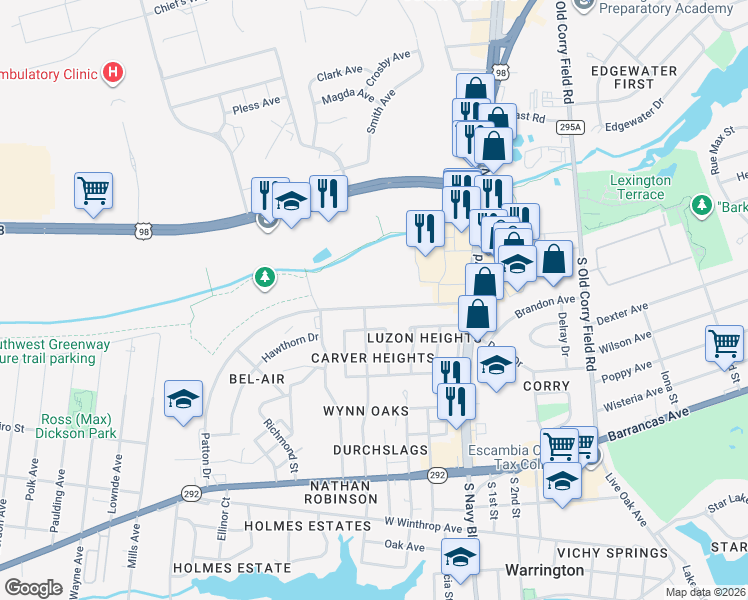 map of restaurants, bars, coffee shops, grocery stores, and more near 34 Patton Drive in Pensacola