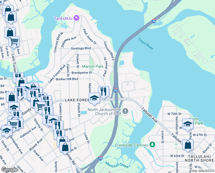 map of restaurants, bars, coffee shops, grocery stores, and more near 7932 Concord Circle in Jacksonville