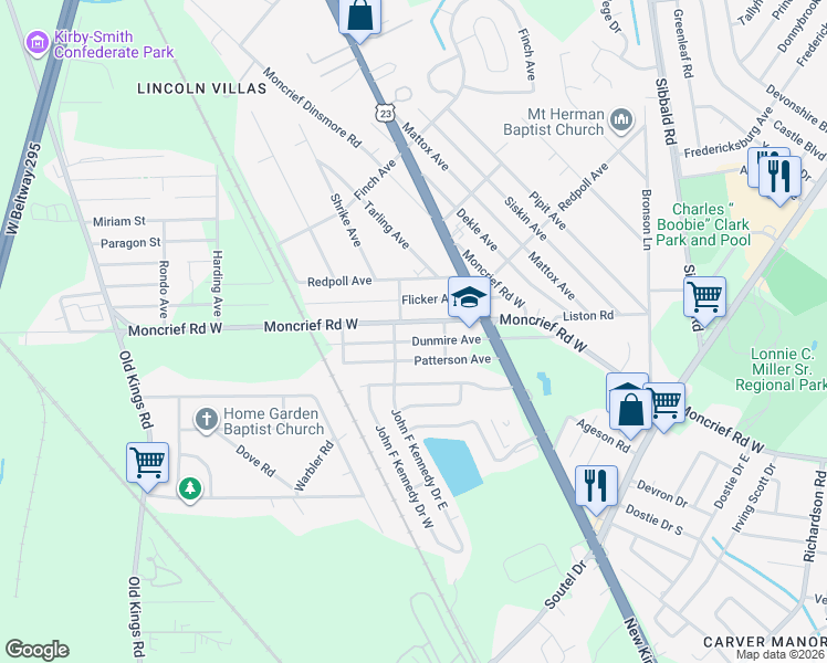 map of restaurants, bars, coffee shops, grocery stores, and more near 6001 Moncrief Road West in Jacksonville