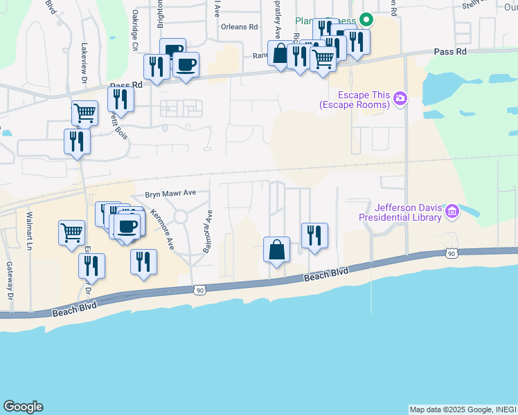 map of restaurants, bars, coffee shops, grocery stores, and more near 173 Briarfield Avenue in Biloxi