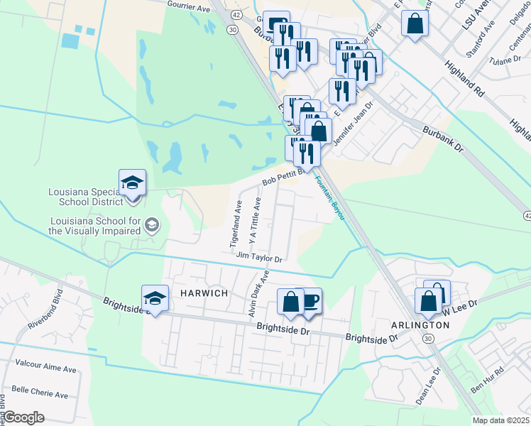 map of restaurants, bars, coffee shops, grocery stores, and more near 4515 Alvin Dark Avenue in Baton Rouge