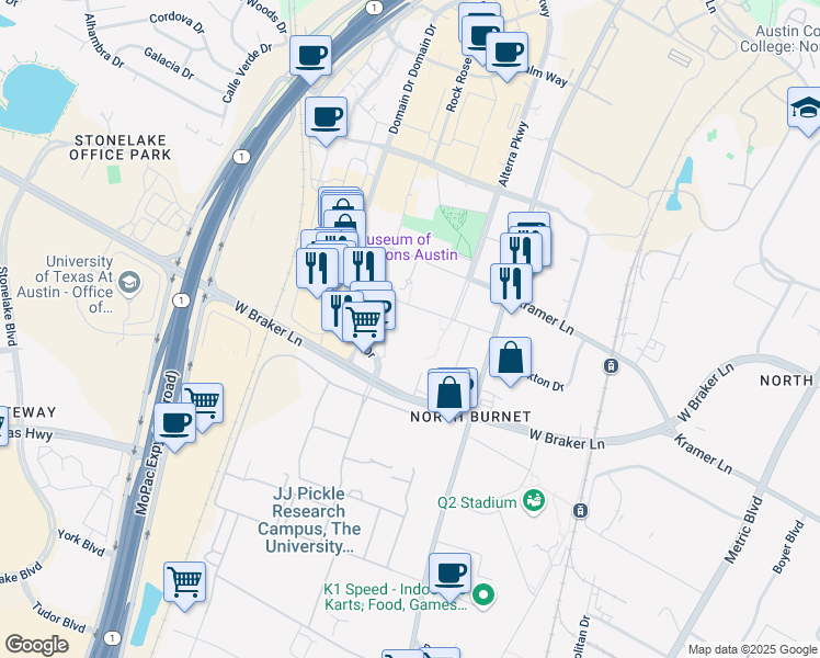 map of restaurants, bars, coffee shops, grocery stores, and more near 3214 West Braker Lane in Austin