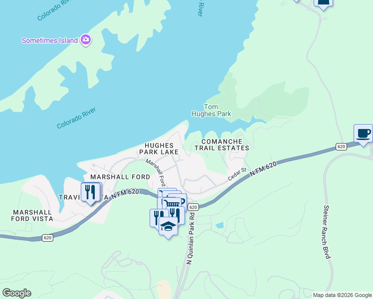map of restaurants, bars, coffee shops, grocery stores, and more near 12872 Park Drive in Austin