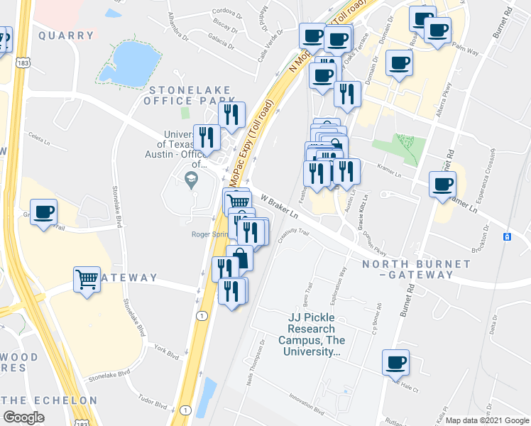 map of restaurants, bars, coffee shops, grocery stores, and more near 24 in Austin