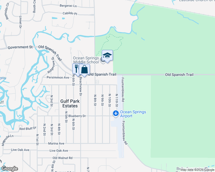 map of restaurants, bars, coffee shops, grocery stores, and more near 8700-8704 Palmetto Drive in Ocean Springs