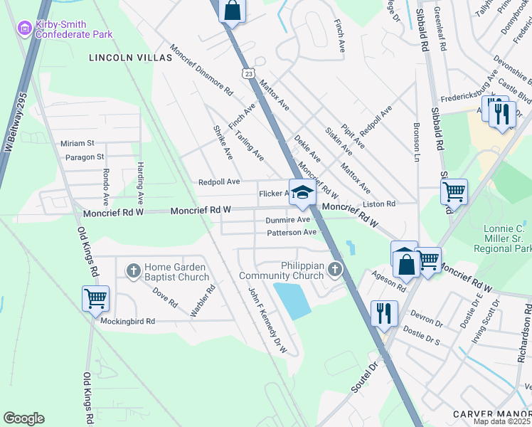 map of restaurants, bars, coffee shops, grocery stores, and more near 6001 Moncrief Road West in Jacksonville