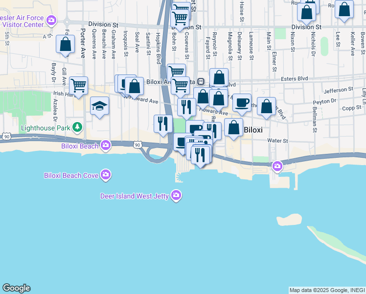 map of restaurants, bars, coffee shops, grocery stores, and more near 908 Beach Boulevard in Biloxi