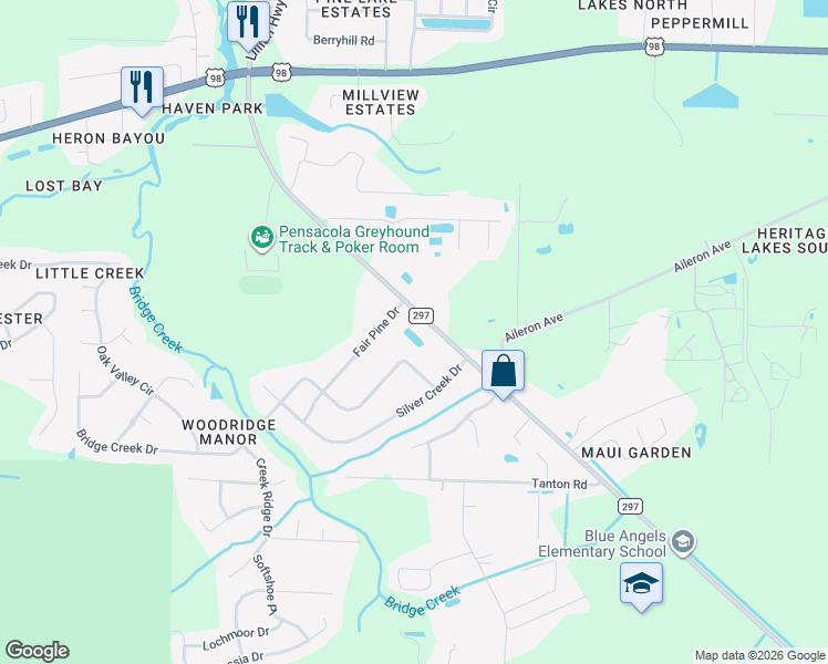map of restaurants, bars, coffee shops, grocery stores, and more near 1017 Dog Track Road in Pensacola
