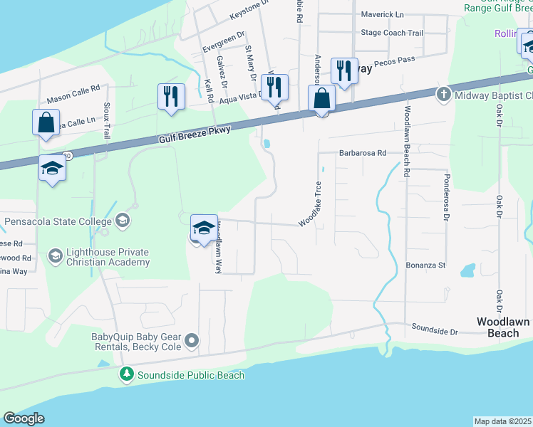map of restaurants, bars, coffee shops, grocery stores, and more near 1591 Woodbluff Court in Gulf Breeze
