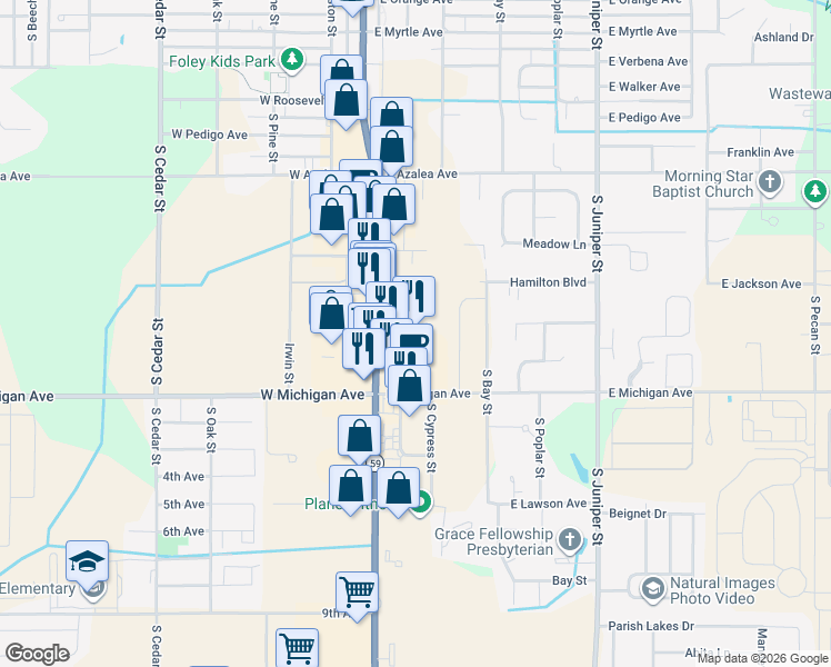 map of restaurants, bars, coffee shops, grocery stores, and more near 1145 South McKenzie Street in Foley