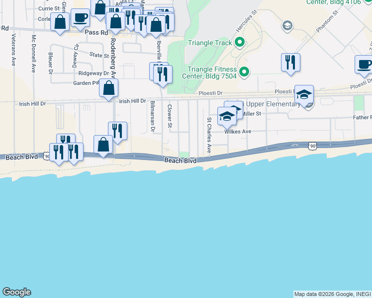 map of restaurants, bars, coffee shops, grocery stores, and more near 124 Acacia Avenue in Biloxi