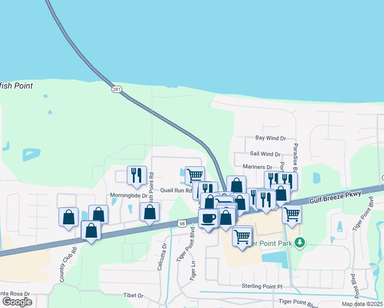 map of restaurants, bars, coffee shops, grocery stores, and more near 1594 Oakhill Road in Gulf Breeze