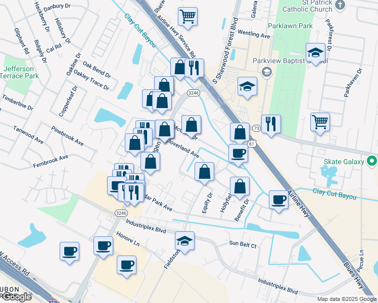 map of restaurants, bars, coffee shops, grocery stores, and more near 6000 Crestmount Drive in Baton Rouge