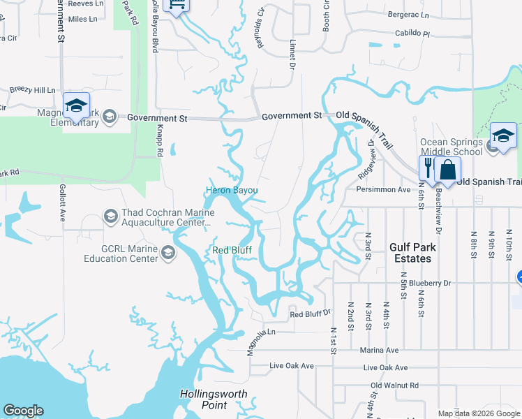 map of restaurants, bars, coffee shops, grocery stores, and more near 3705 Perryman Road in Ocean Springs