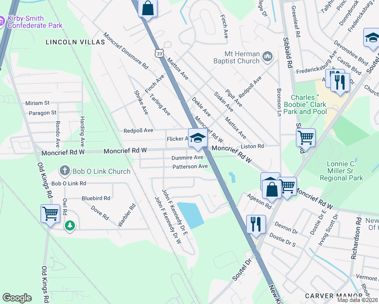 map of restaurants, bars, coffee shops, grocery stores, and more near 5911 Moncrief Road West in Jacksonville