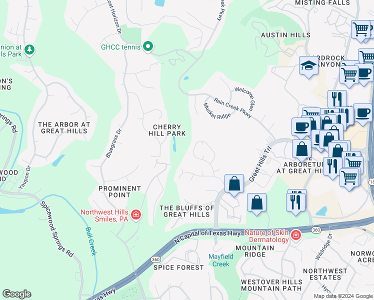 map of restaurants, bars, coffee shops, grocery stores, and more near 9228 Knoll Crest Loop in Austin