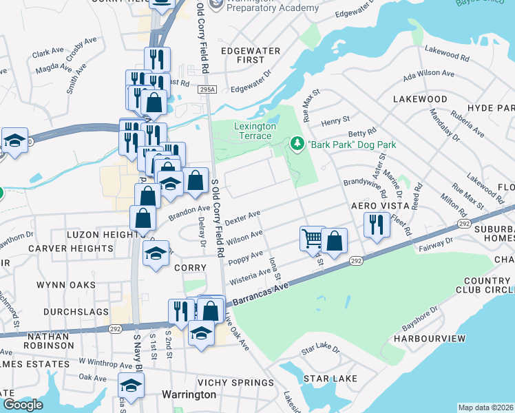 map of restaurants, bars, coffee shops, grocery stores, and more near 1318 Dexter Avenue in Pensacola