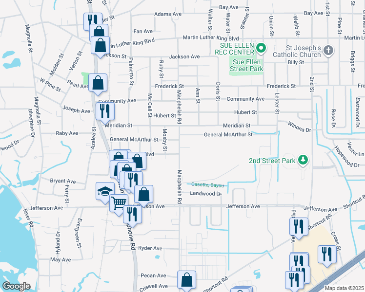 map of restaurants, bars, coffee shops, grocery stores, and more near 3624 Macphelah Road in Moss Point