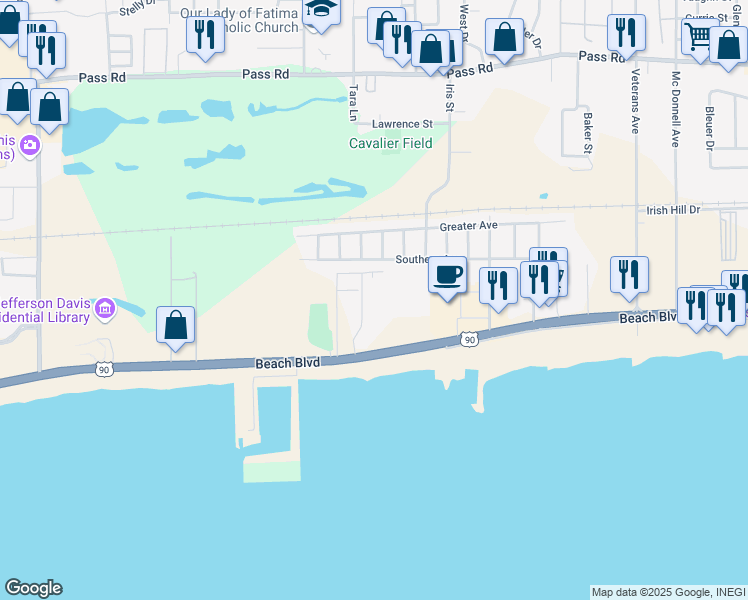 map of restaurants, bars, coffee shops, grocery stores, and more near 2046 Beach Boulevard in Biloxi