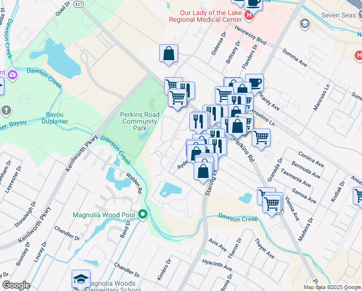 map of restaurants, bars, coffee shops, grocery stores, and more near 7315 Sasanqua Court in Baton Rouge