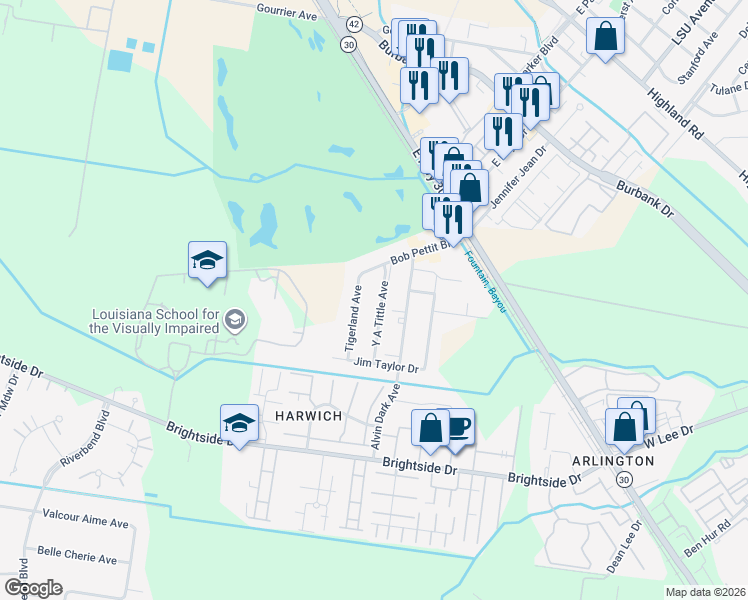 map of restaurants, bars, coffee shops, grocery stores, and more near 4518 Y A Tittle Avenue in Baton Rouge
