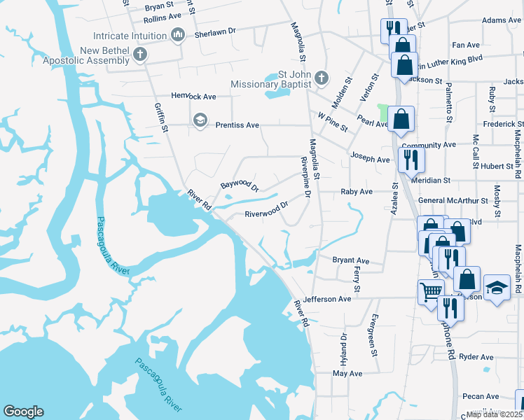 map of restaurants, bars, coffee shops, grocery stores, and more near 3825 Riverwood Drive in Moss Point