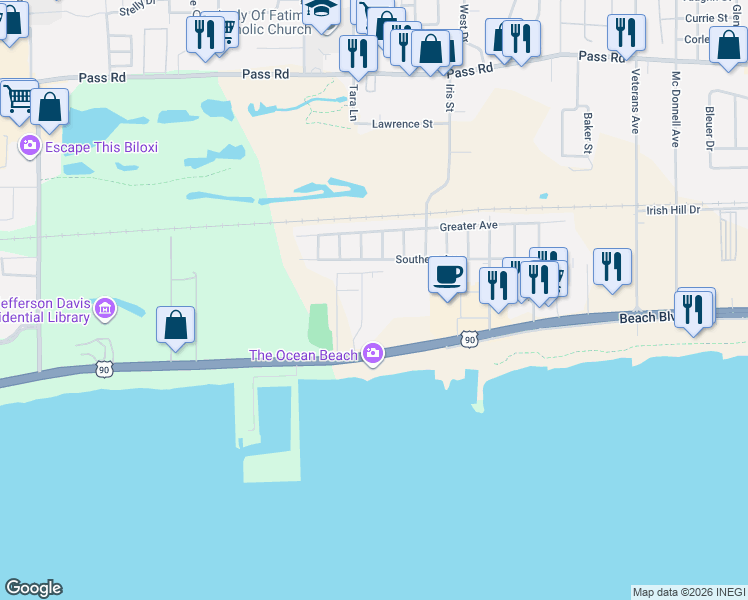 map of restaurants, bars, coffee shops, grocery stores, and more near 2046 Beach Boulevard in Biloxi
