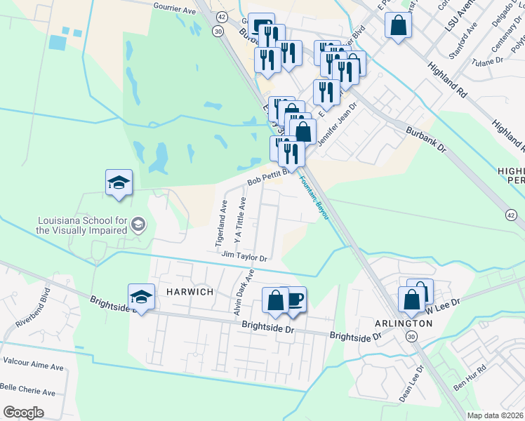 map of restaurants, bars, coffee shops, grocery stores, and more near 4523 Alvin Dark Avenue in Baton Rouge