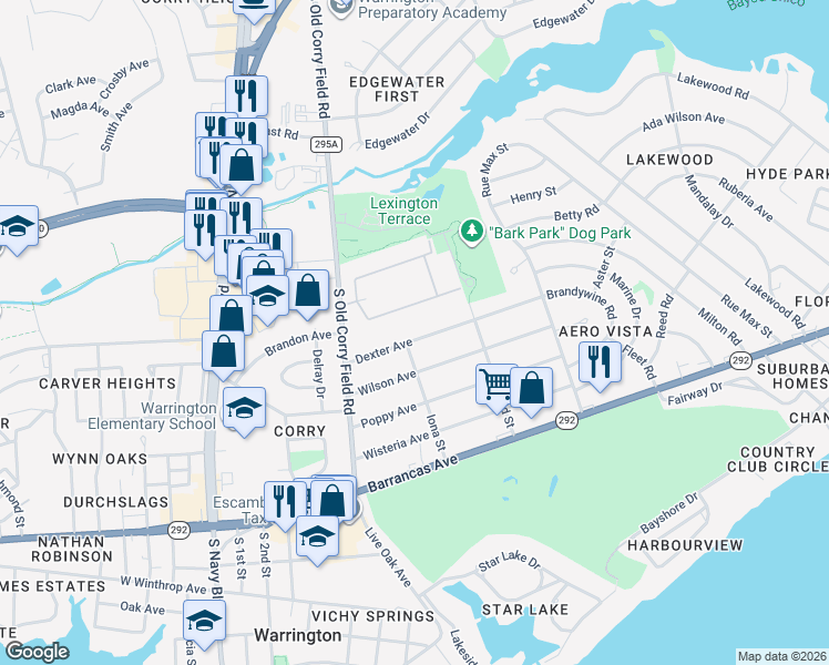 map of restaurants, bars, coffee shops, grocery stores, and more near 1318 Dexter Avenue in Pensacola
