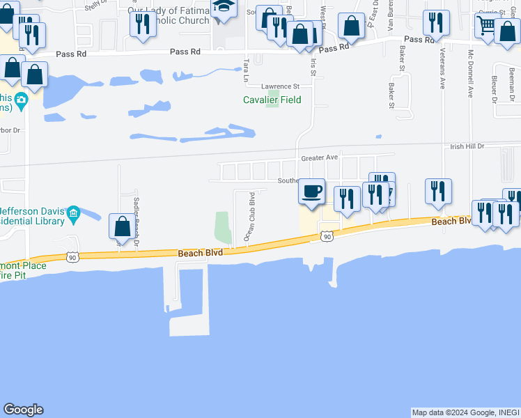 map of restaurants, bars, coffee shops, grocery stores, and more near 2046 Beach Boulevard in Biloxi