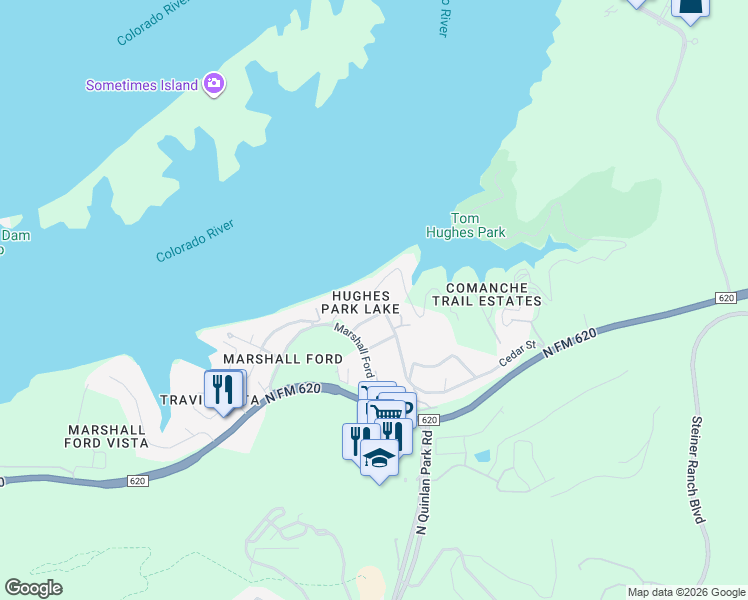 map of restaurants, bars, coffee shops, grocery stores, and more near 12891 Park Drive in Austin